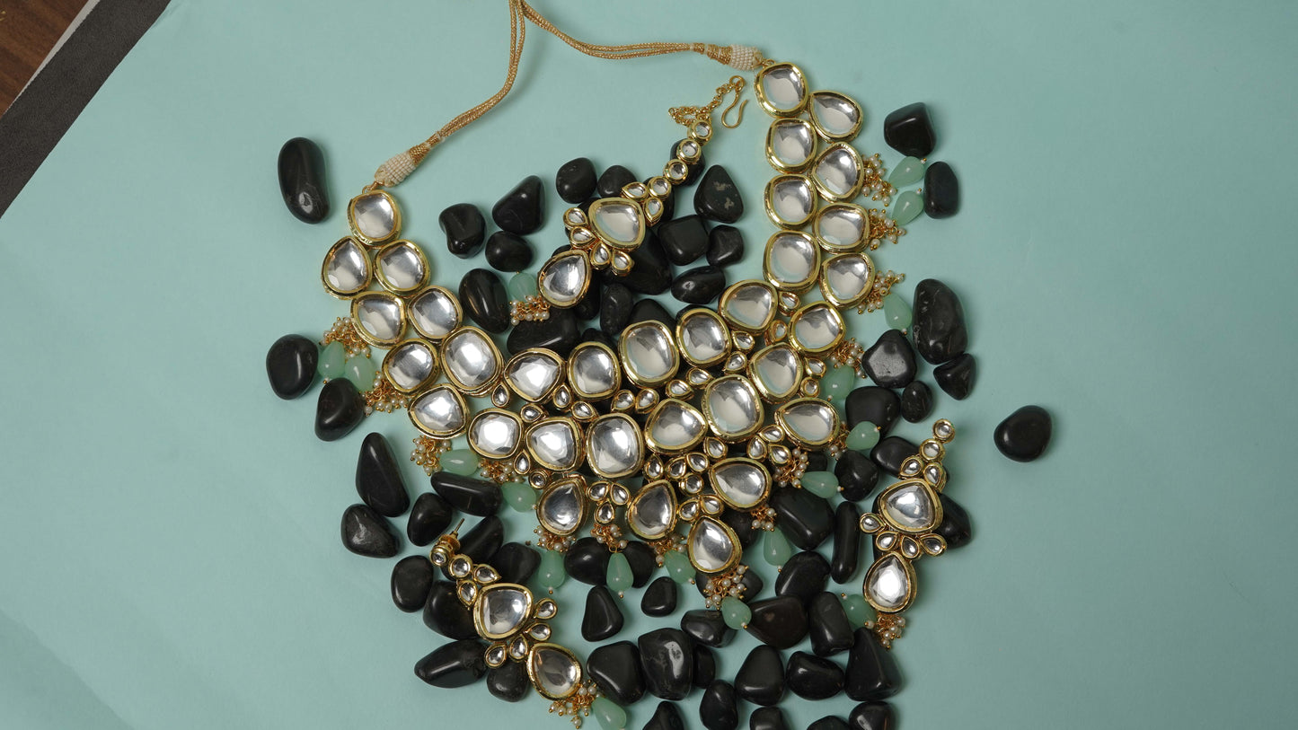 Gold plated polki necklace set with maangtikka
