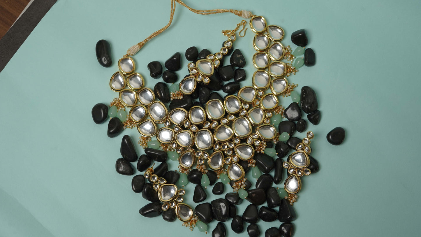 Gold plated polki necklace set with maangtikka