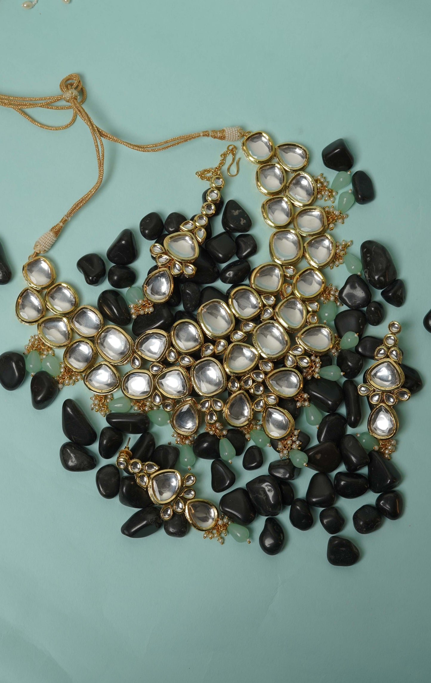 Gold plated polki necklace set with maangtikka