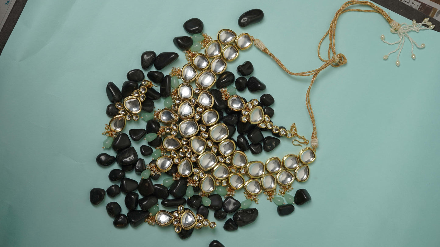 Gold plated polki necklace set with maangtikka