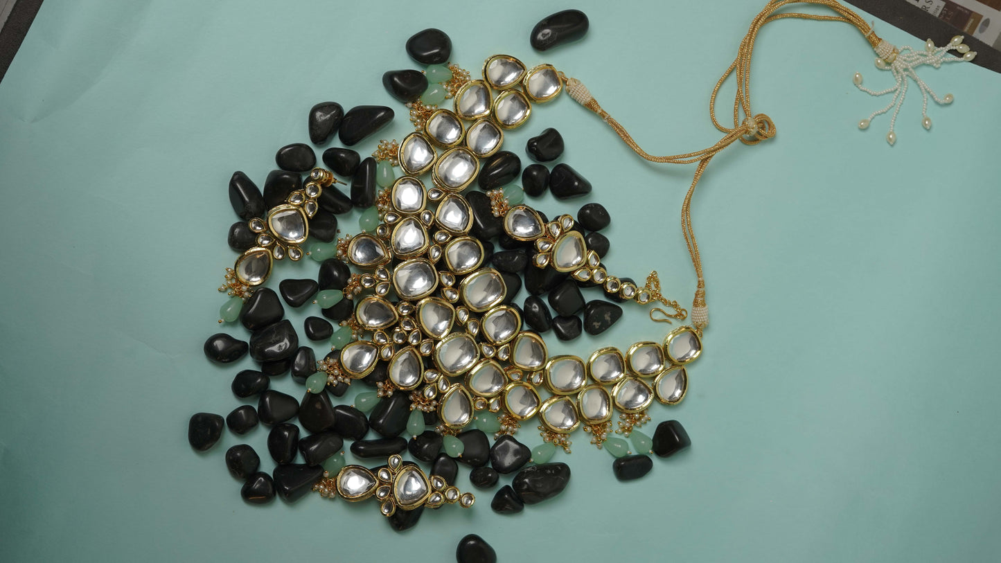 Gold plated polki necklace set with maangtikka