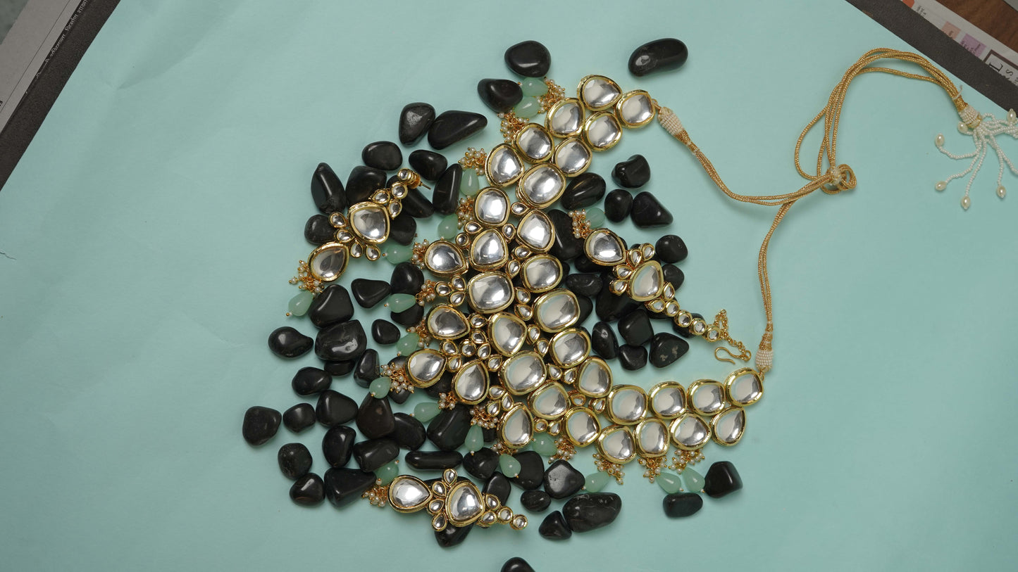 Gold plated polki necklace set with maangtikka