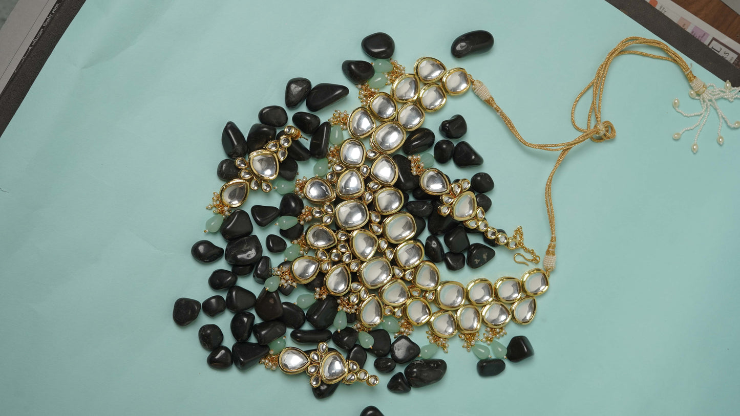 Gold plated polki necklace set with maangtikka