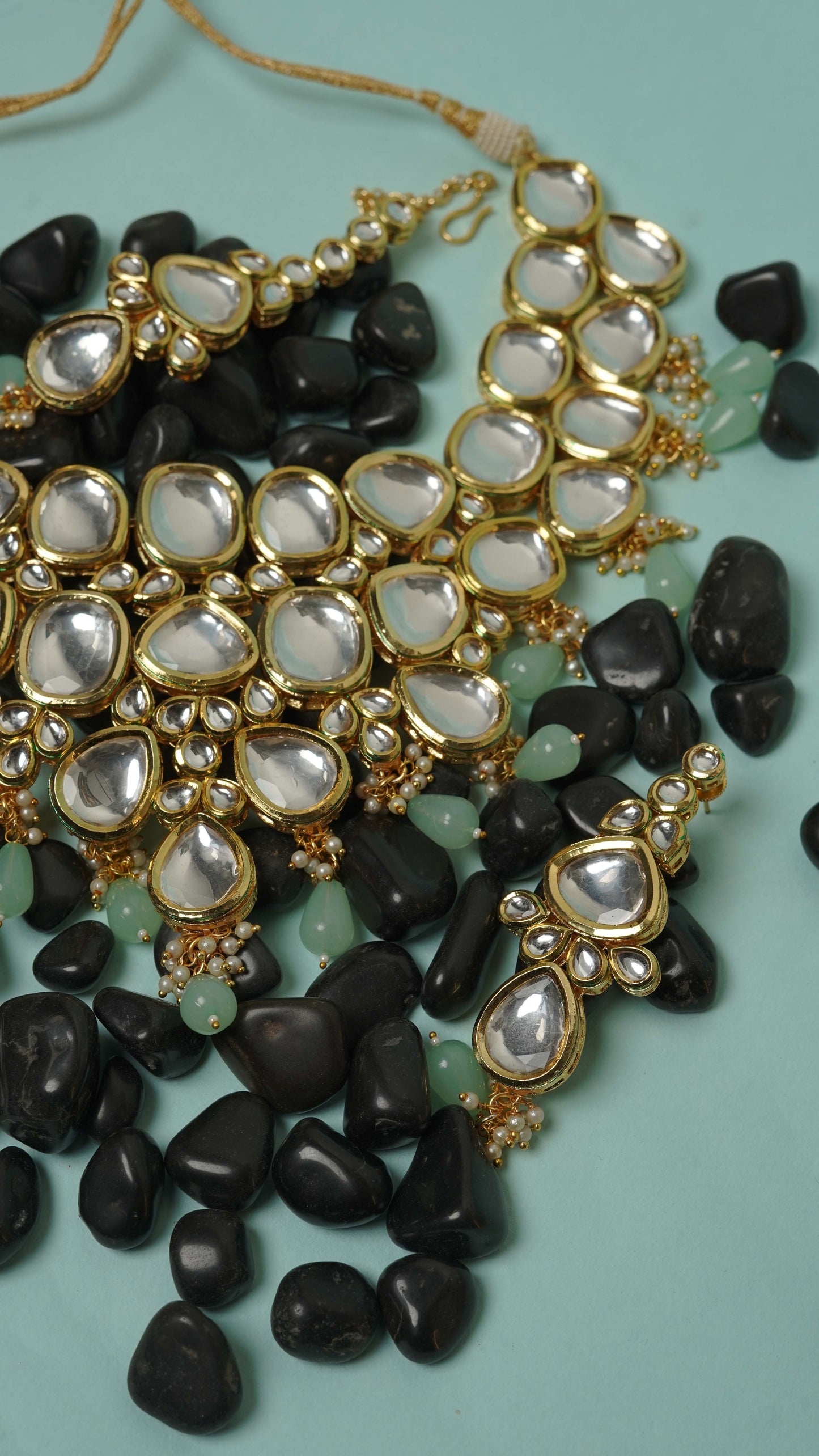 Gold plated polki necklace set with maangtikka