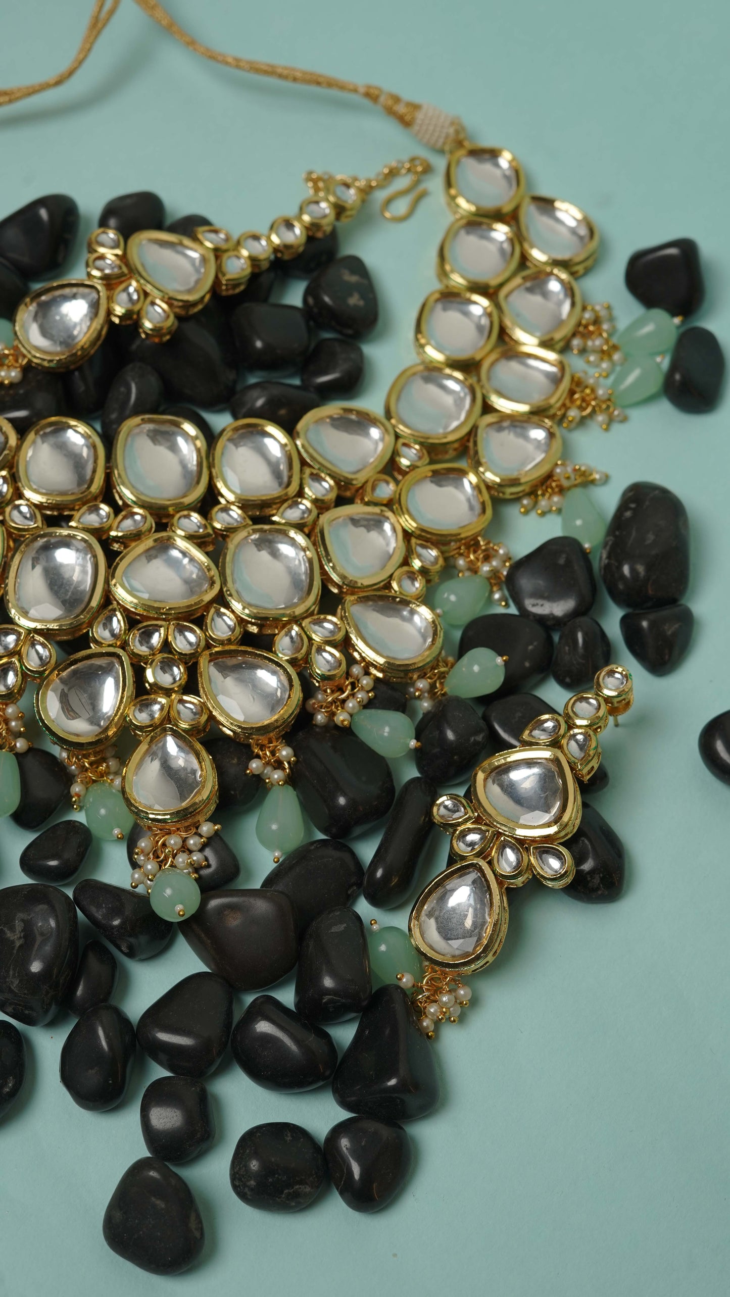 Gold plated polki necklace set with maangtikka