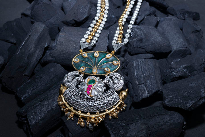 Silver peacock long necklace