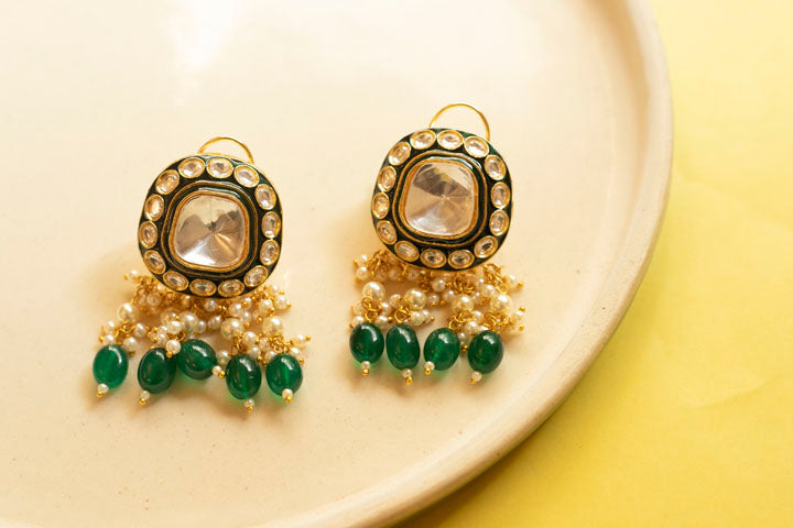 Gold plated polki emerald pearl necklace set