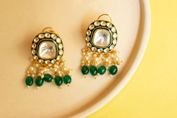 Gold plated polki emerald pearl necklace set