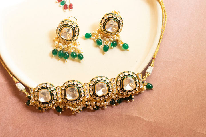 Gold plated polki emerald pearl necklace set