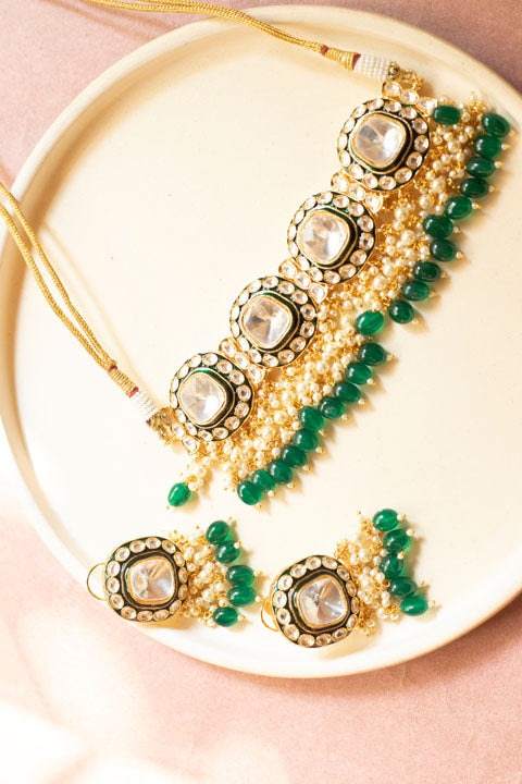 Gold plated polki emerald pearl necklace set