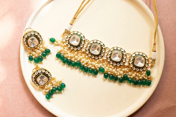 Gold plated polki emerald pearl necklace set