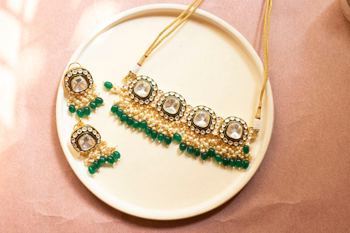 Gold plated polki emerald pearl necklace set