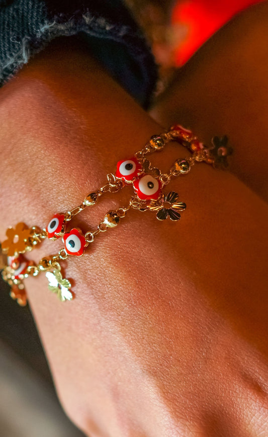 Red flower evil eye bracelet