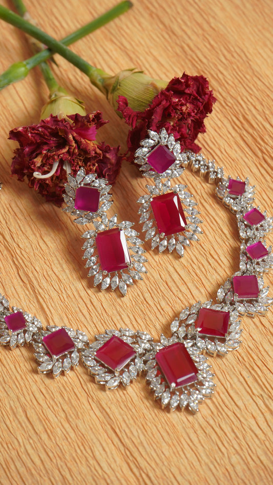 Ruby silver swarovski necklace set