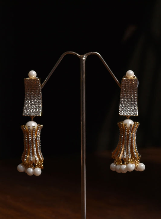 Rose gold diamond and pearl tassel earrings