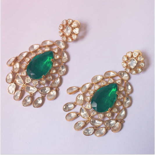 Polki misonite and pear emerald earing in gold platting