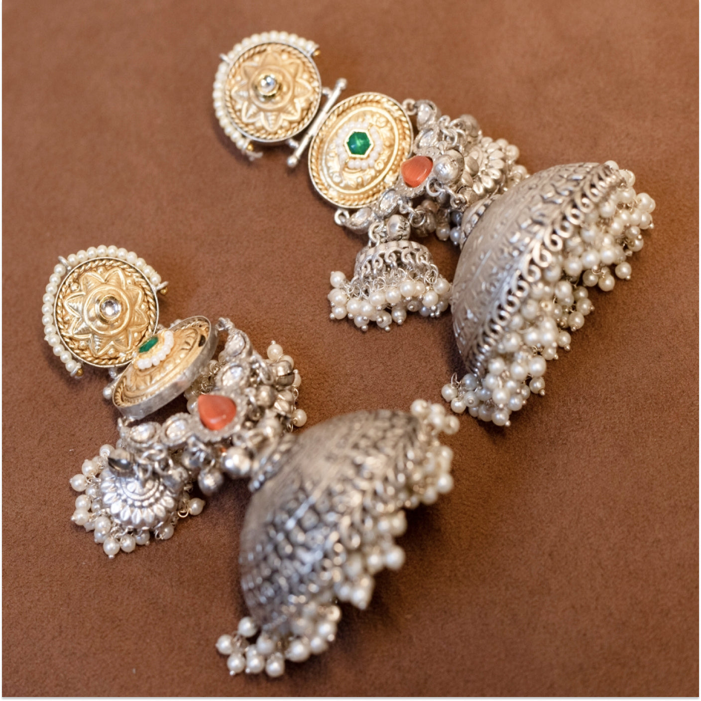 Silver Jhumka in Meena work