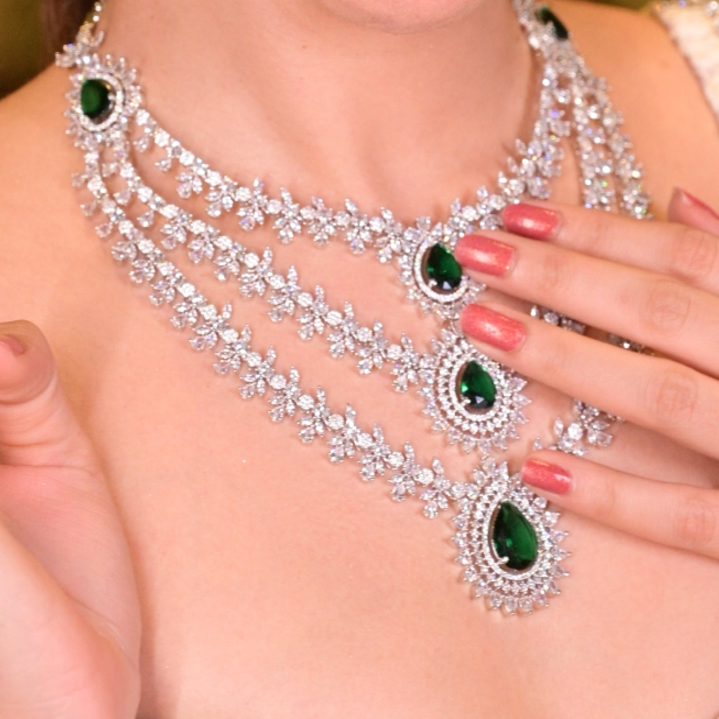 3 layers diamond and emerald necklace ( silver and gold platting with CZ stones )