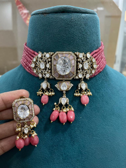 Golden Pink polki necklace set