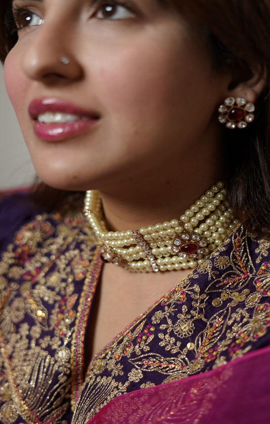 Pearl & Kundan Choker  with Kundan Studs